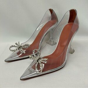 Amina Muaddi Elegant Clear Heels with Rhinestone Bow
